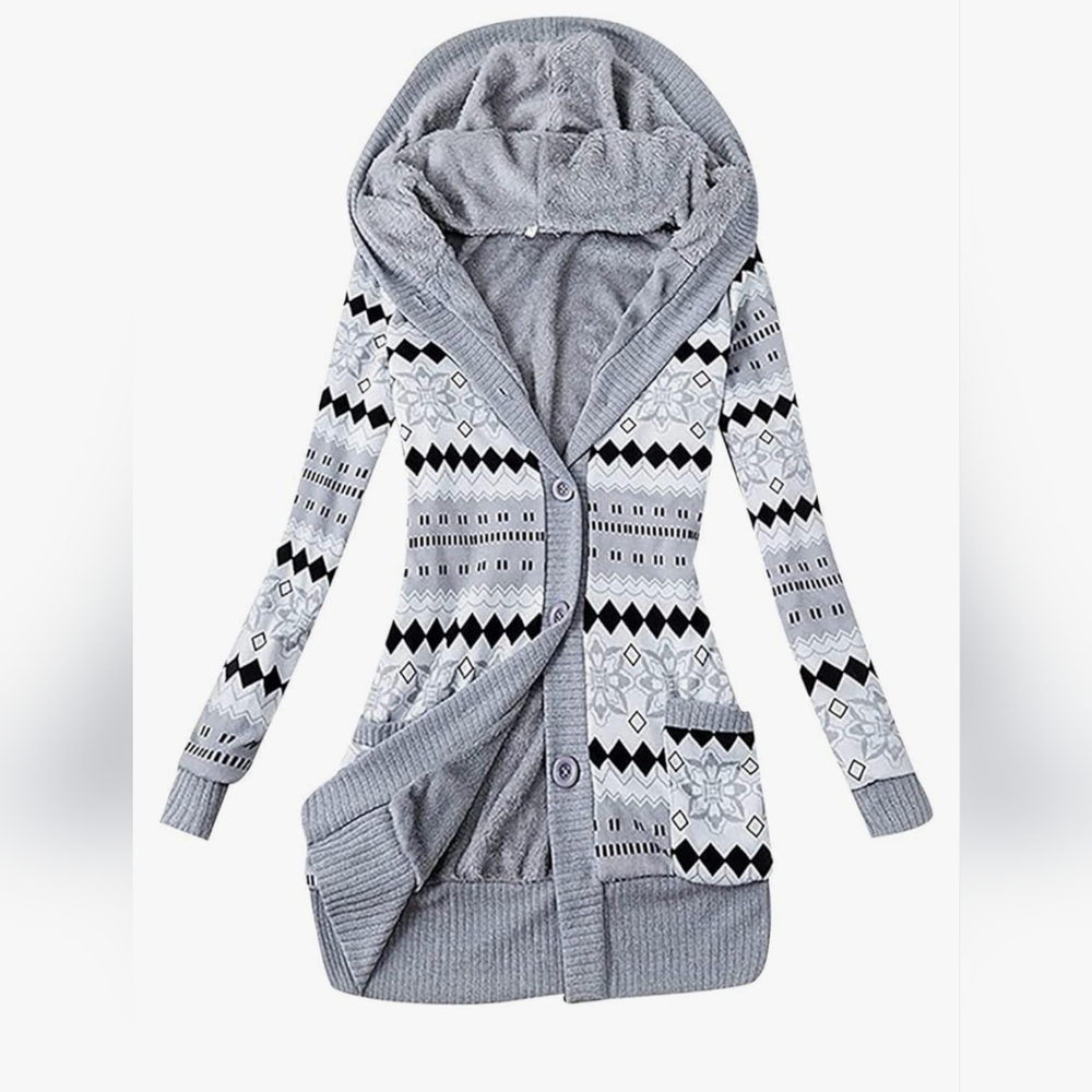 Grey Hooded Patterned Button-Front Cardigan Sweater